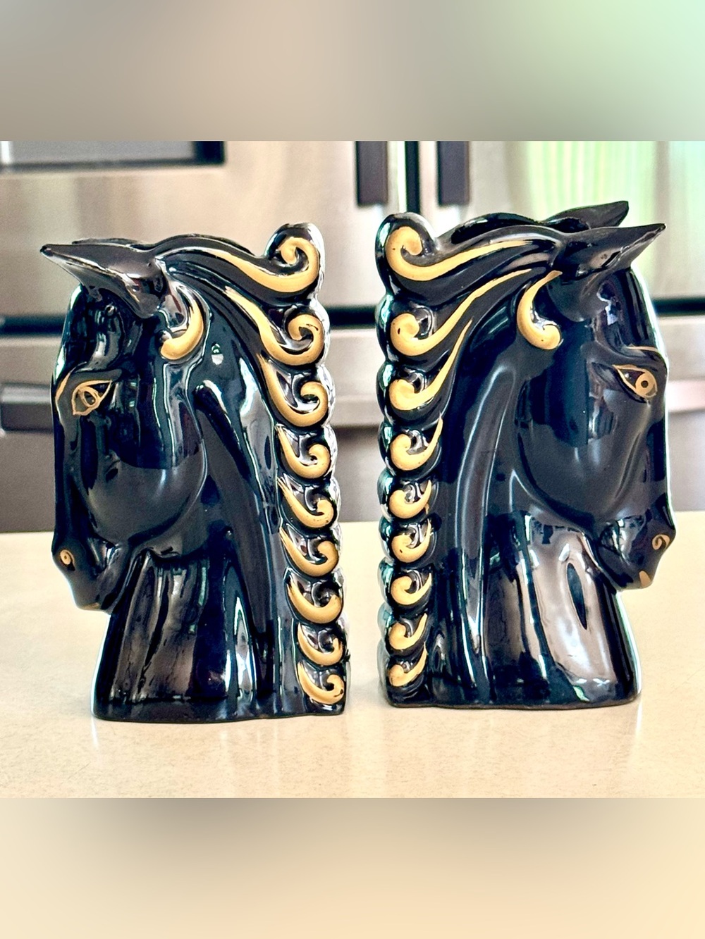 Vintage Beautiful Black and Gold Ceramic Horse Head Bookends / Planters